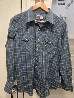 Wrangler Blue and Green Plaid Western Pearl-Snap Shirt